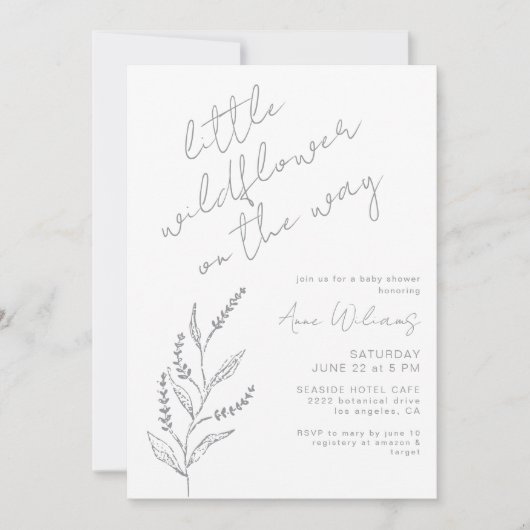 Boho Hand-drawn Wildflower White Grey Baby Shower 招待状 (正面)