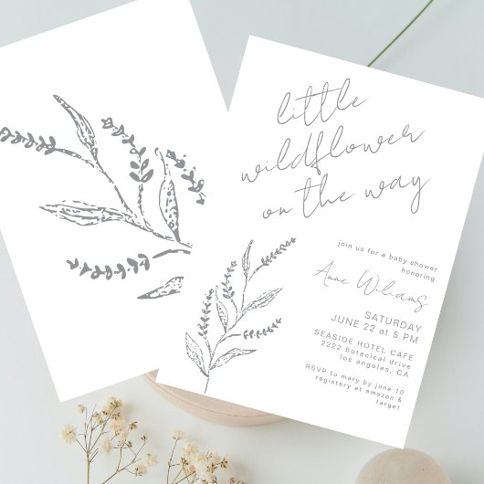 Boho Hand-drawn Wildflower White Grey Baby Shower 招待状
