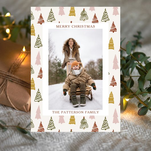 Boho Hand Drawn Winter Wood Pines Photo Christmas シーズンカード