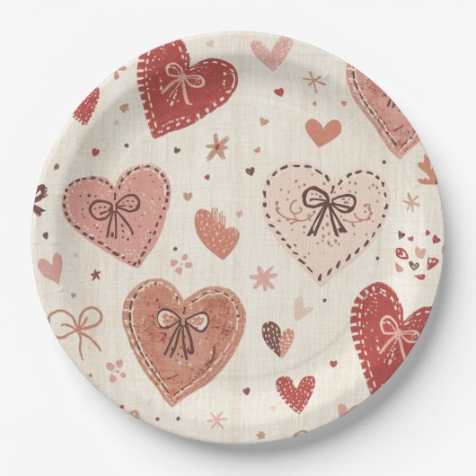 Boho Hearts and Bows Valentine's Day Paper Plates ペーパープレート (正面)