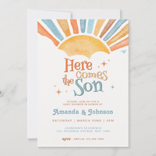  Boho Here Comes the Son Baby Shower 招待状 (正面)