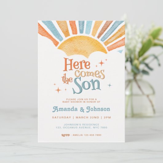  Boho Here Comes the Son Baby Shower 招待状 (スタンド正面)