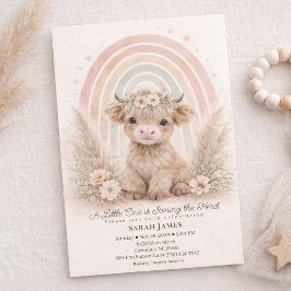 Boho Highland Cow Neutral Rainbow Baby Shower 招待状