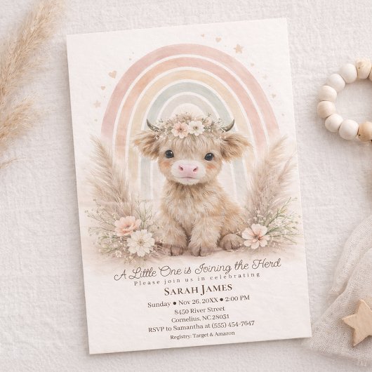 Boho Highland Cow Neutral Rainbow Baby Shower 招待状