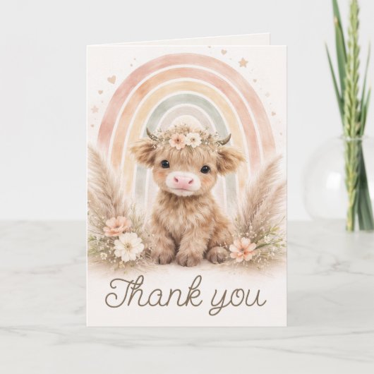 Boho Highland Cow Rainbow Baby Shower Blank サンキューカード (正面)