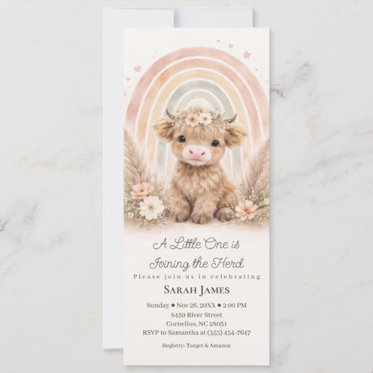 Boho Highland Cow Slim Baby Shower Neutral Rainbow 招待状 (正面)