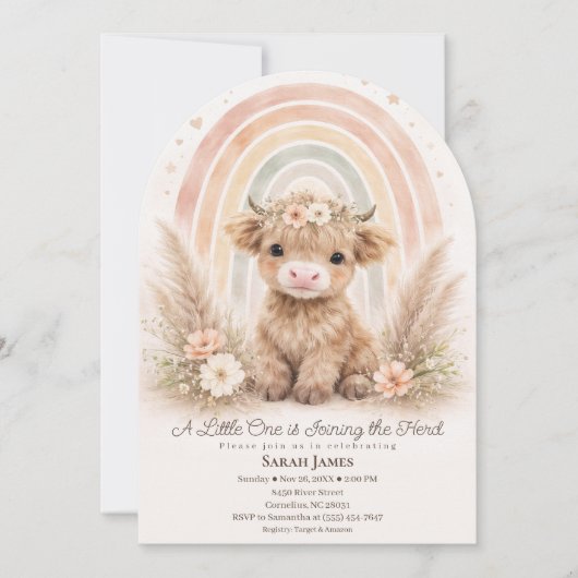 Boho Highland Cow Soft Rainbow Baby Shower Arch 招待状 (正面)