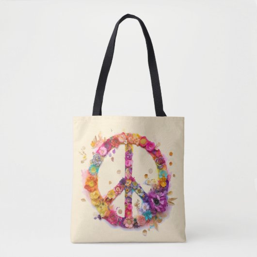 Boho Hippy 60s 70s Peace Sign トートバッグ (正面)