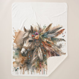 Boho Horse with feathers シェルパブランケット