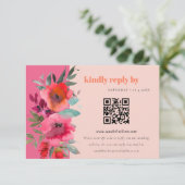 Boho Hot Pink Orangeフローラ結婚のQRコーディングRSVP エンクロージャーカード (スタンド正面)