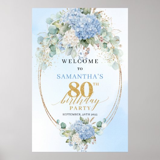 Boho Hydrangeas Dusty Blue Charm 80th birthday  ポスター (正面)