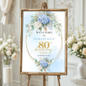 Boho Hydrangeas Gold Dusty Blue 80 birthday welcom ポスター