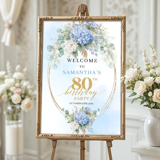 Boho Hydrangeas Gold Dusty Blue 80 birthday welcom ポスター