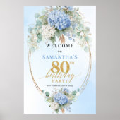 Boho Hydrangeas Gold Dusty Blue 80 birthday welcom ポスター (正面)