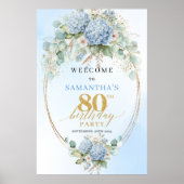 Boho Hydrangeas Gold Dusty Blue 80th birthday welc ポスター (正面)
