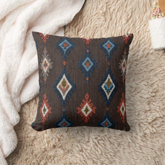 Boho Ikat Pattern Throw Pillow – Brown and Navy クッション (ブランケット)