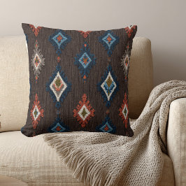 Boho Ikat Pattern Throw Pillow – Brown and Navy クッション