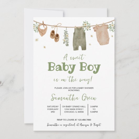 Boho It's a Boy Baby Clothes Baby Shower 招待状 (正面)