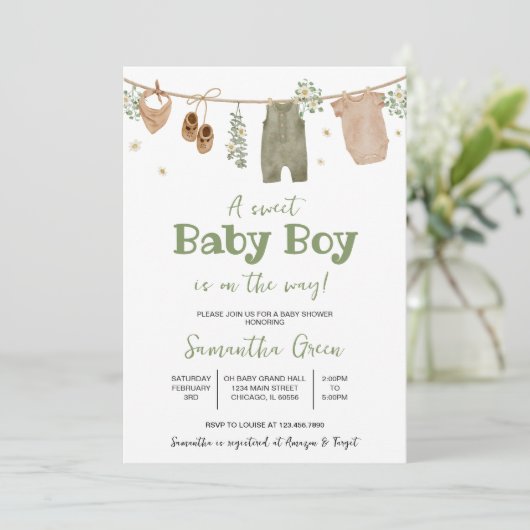 Boho It's a Boy Baby Clothes Baby Shower 招待状 (スタンド正面)