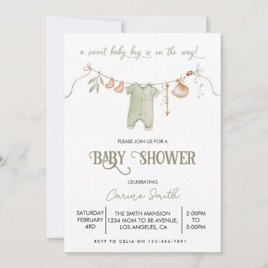 Boho It's a Boy Baby Clothes Baby Shower 招待状 (正面)