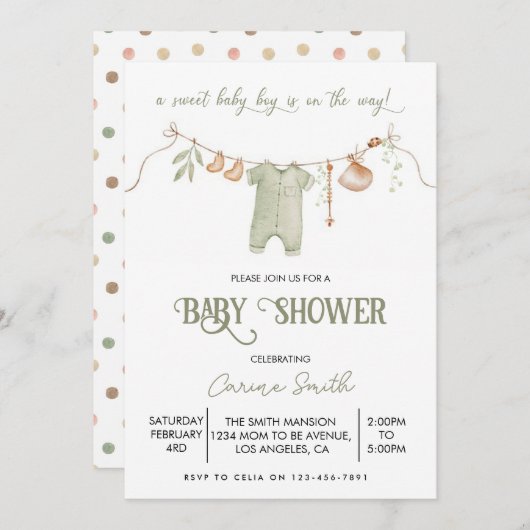 Boho It's a Boy Baby Clothes Baby Shower 招待状 (正面/裏面)