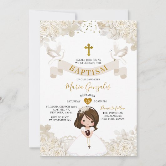 Boho Ivory White Floral Girl Baptism Christening 招待状 (正面)