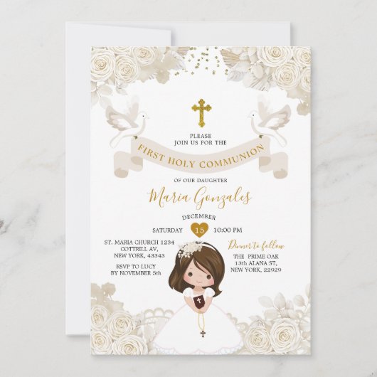 Boho Ivory White Floral Girl First Holy Communion 招待状 (正面)