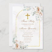 Boho Ivory White Floral Gold First Holy Communion 招待状 (正面)