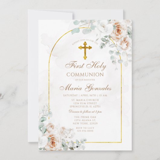 Boho Ivory White Floral Gold First Holy Communion 招待状 (正面)