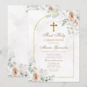 Boho Ivory White Floral Gold First Holy Communion 招待状 (正面/裏面)