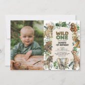 Boho Jungle Animals Wild One 1歳の誕生日の写真 招待状 (正面)
