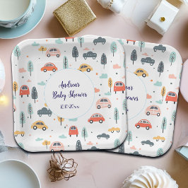 Boho Kids車、木と雲のパターン赤ちゃんシャワー ペーパープレート