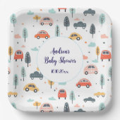 Boho Kids車、木と雲のパターン赤ちゃんシャワー ペーパープレート (正面)