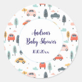 Boho Kids車、木と雲のパターン赤ちゃんシャワー ラウンドシール (正面)