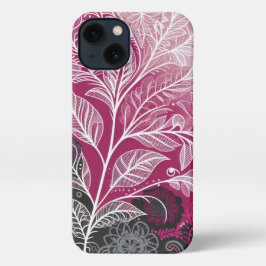 Boho Lacy Leaf Design Pink, Black and White iPhone 13ケース