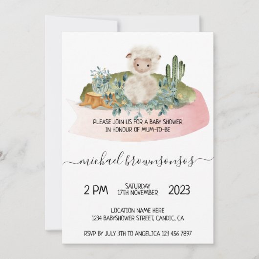 Boho Lamb Sheep Tropical Baby Shower 招待状 (正面)