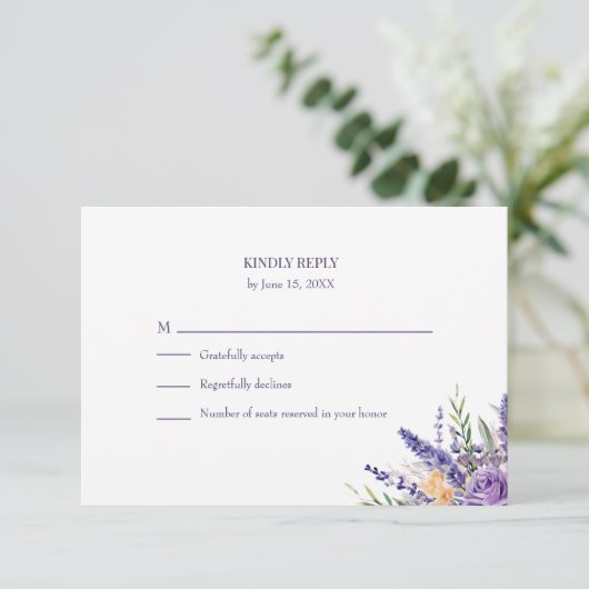 Boho Lavender Watercolor Wildflower Wedding 出欠カード (スタンド正面)