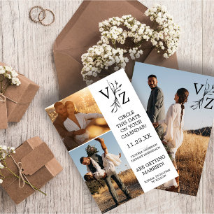 Boho Leafミニマル Monogram Photo結婚's セーブザデート