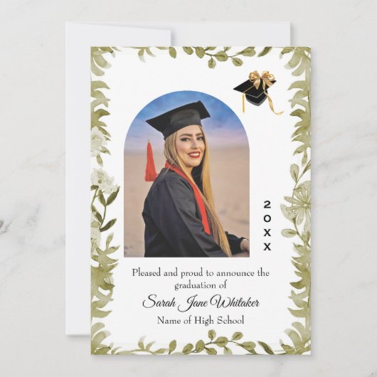 Boho Leaf Border Hi-School Graduation announcement カード (正面)