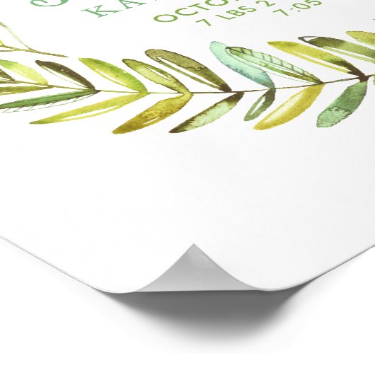 Boho Leaves Personalized Baby Birth Stats ポスター (角)