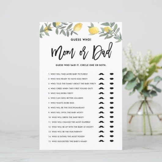 Boho Lemon Guess誰がママまたはパパ赤ちゃんシャワーのゲーム (スタンド正面)