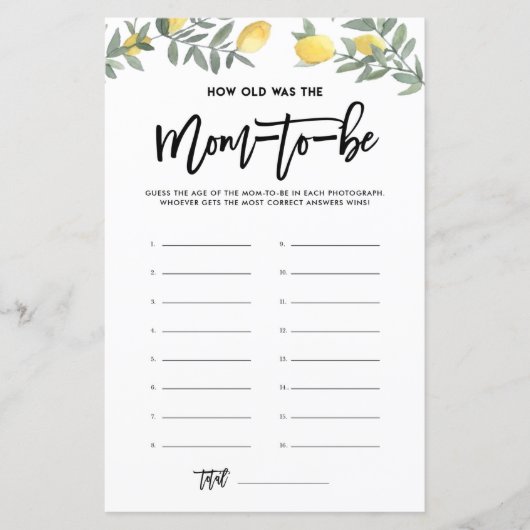 Boho Lemon How Old Was Mom Photos赤ちゃんシャワーゲーム (正面)