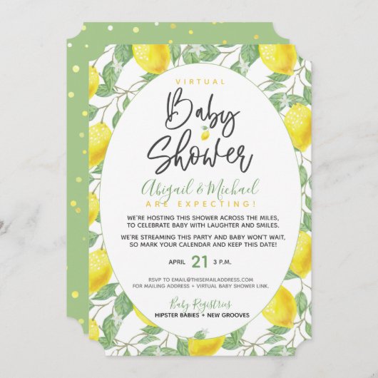 Boho Lemonsジェンダーニュートラル仮想ベビーシャワー 招待状 (正面/裏面)