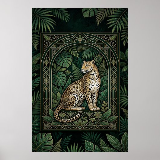 Boho Leopard Botanical Poster | Gold Line Art ポスター (正面)