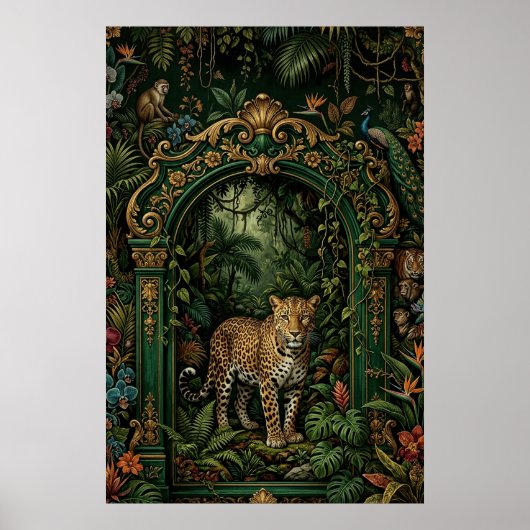 Boho Leopard Jungle Poster | Vintage Green ポスター (正面)