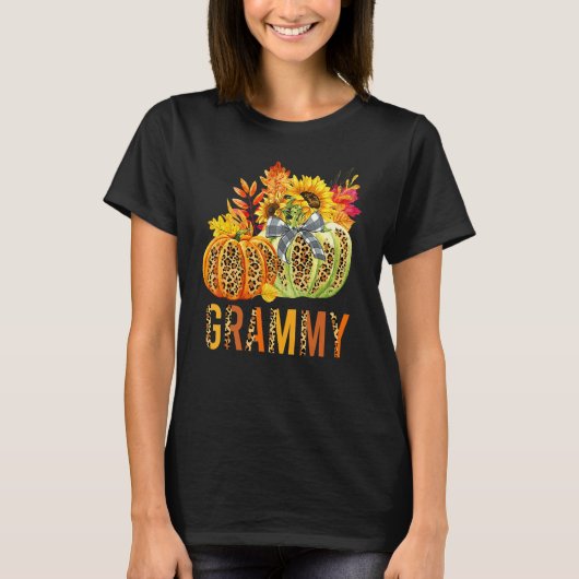 Boho Leopard Pumpkins Grammy Fall Leaves Autumn Th Tシャツ (正面)