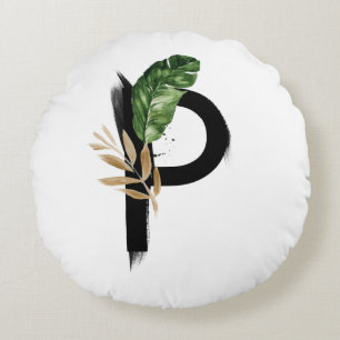 Boho Letter Pモノグラムパーム葉トロピカル ラウンドクッション
