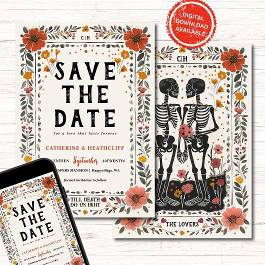 Boho Letterpress Skeleton save the date  招待状