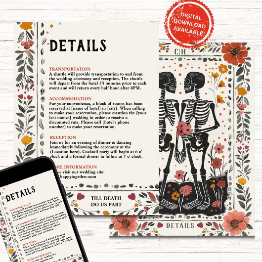 Boho Letterpress Style Skeleton Tarot Details 招待状