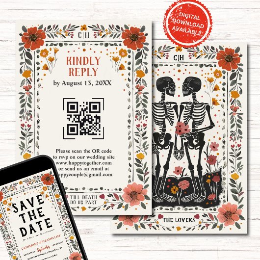 Boho Letterpress Style Skeleton Tarot Wedding RSVP 招待状